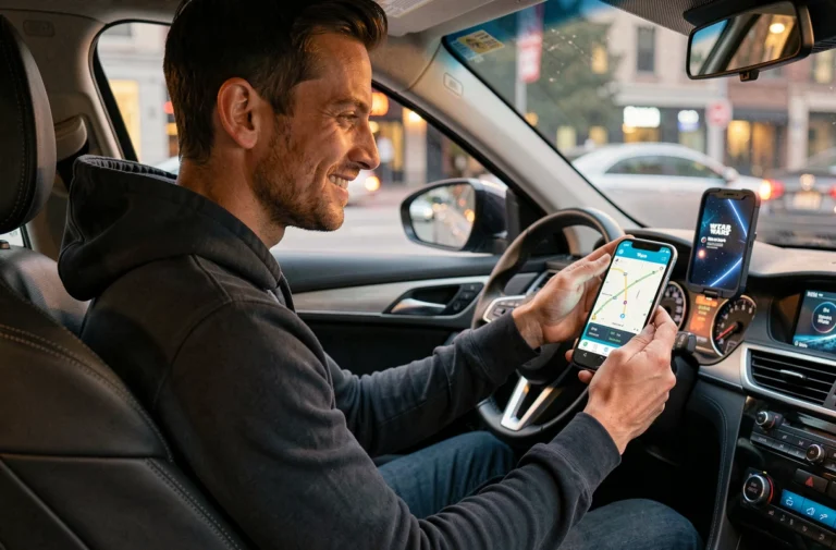 Homme dans sa voiture regardant l'application Waze avec la voix Dark Vador activée sur son smartphone monté au tableau de bord
