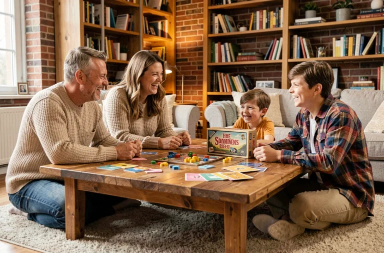Famille réunie autour d'un jeu de société dans un salon chaleureux, activité ludique en famille