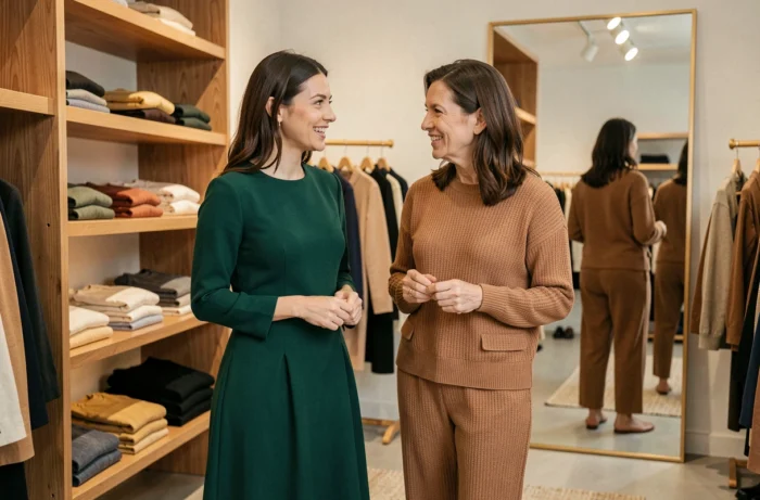 Deux femmes élégantes découvrant les dernières tendances mode de DLG Fashion dans une boutique contemporaine