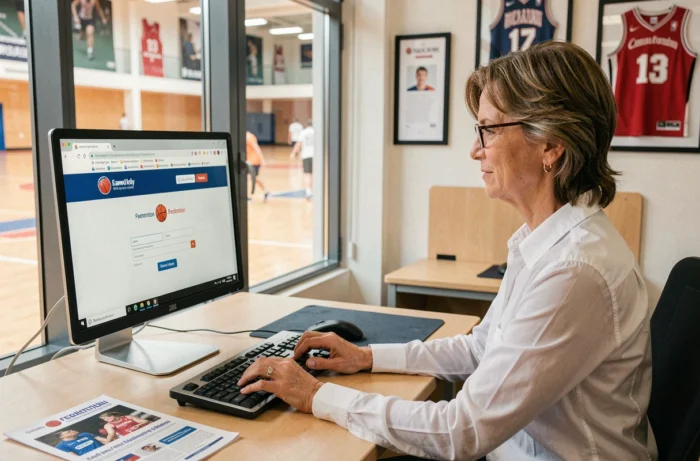 Administratrice de club de basketball consultant le site FBI FFBB sur un ordinateur de bureau dans un bureau associatif sportif