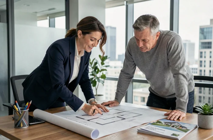 Agent immobilière et client examinant ensemble des plans architecturaux dans une agence immobilière moderne