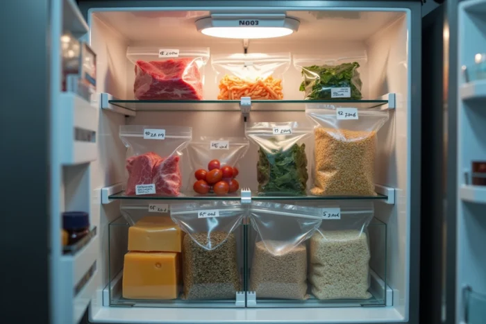 Réfrigérateur organisé avec plusieurs sachets sous vide contenant viandes, fromages et légumes étiquetés