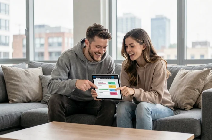 Deux amis consultant ensemble le plan du site Only Games sur une tablette dans un salon moderne