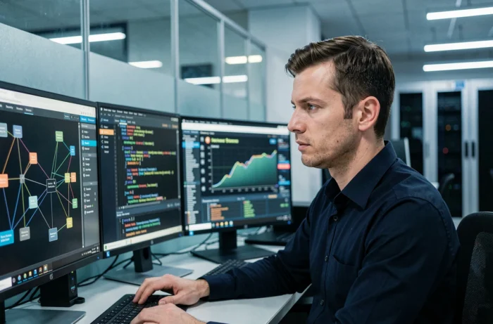 Analyste en cybersécurité travaillant sur des tableaux de bord de surveillance réseau dans un centre opérationnel spécialisé