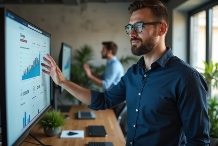 Homme en bureau moderne analysant des statistiques de tendances virales sur un grand écran d'ordinateur