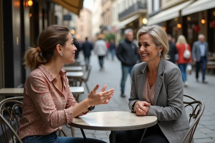 Deux anciennes distributrices Chogan échangeant leurs avis et témoignages en terrasse de café