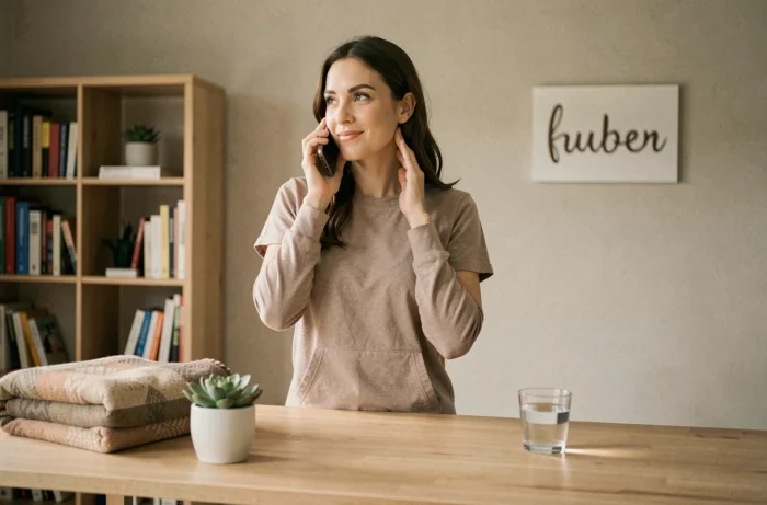 Femme au bureau à domicile passant un appel téléphonique pour contacter un studio de yoga Ananas Et Asanas