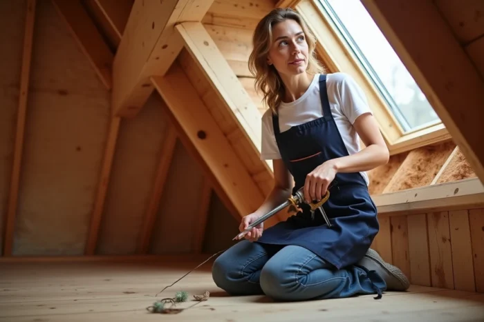 Une femme applique du silicone sur le cadre intérieur d'un Velux dans un grenier en bois