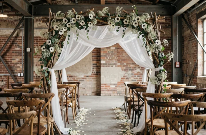 Arche de cérémonie de mariage florale en bois dans un loft industriel décoré de fleurs blanches et de tissus drapés