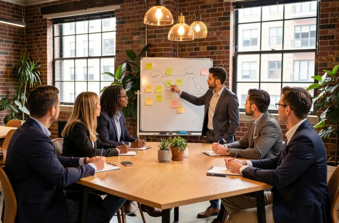 Groupe de dirigeants participant à un atelier de coaching en leadership dans un espace de coworking