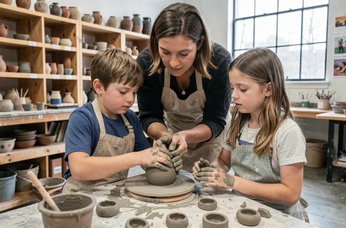Enfants participant à un atelier poterie encadré par une animatrice dans un centre artistique