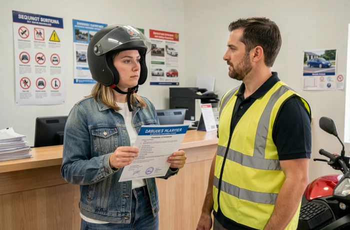 Femme recevant une attestation de formation 125cm3 des mains d'un moniteur dans une auto-école