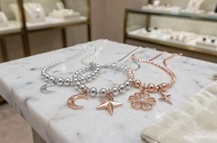 Plusieurs bolas de grossesse Pandora en argent et or rose disposés sur du marbre blanc