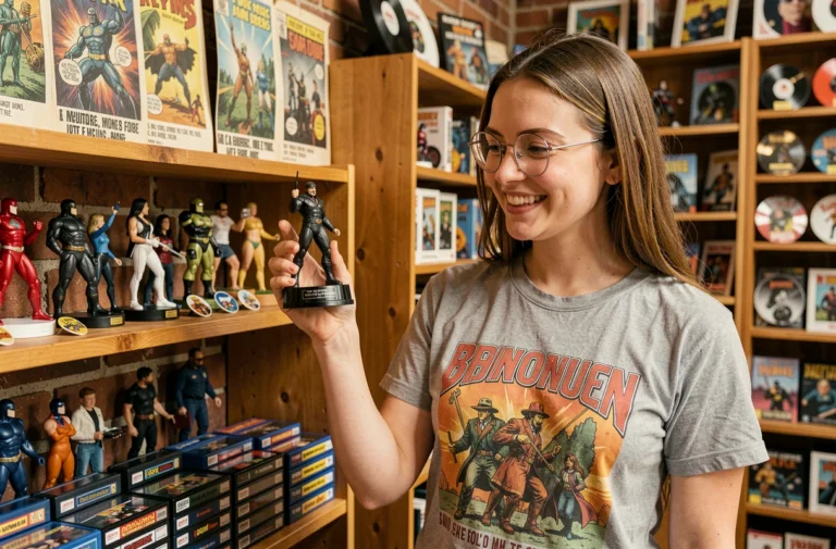 Jeune femme découvrant des cadeaux geek et objets pop culture dans une boutique indépendante spécialisée