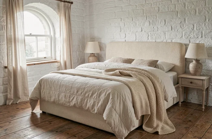 Chambre à coucher cosy avec tête de lit en bouclé ivoire, jeté en grosse maille, lampes en céramique et rideaux en lin dans un cottage rustique