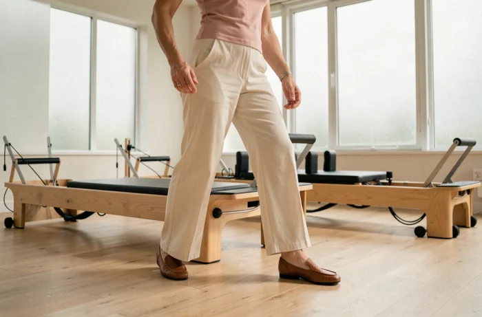 Femme pratiquant le Pilates sur un reformer avec des chaussures à semelle fendue en cuir, vue des pieds et posture complète