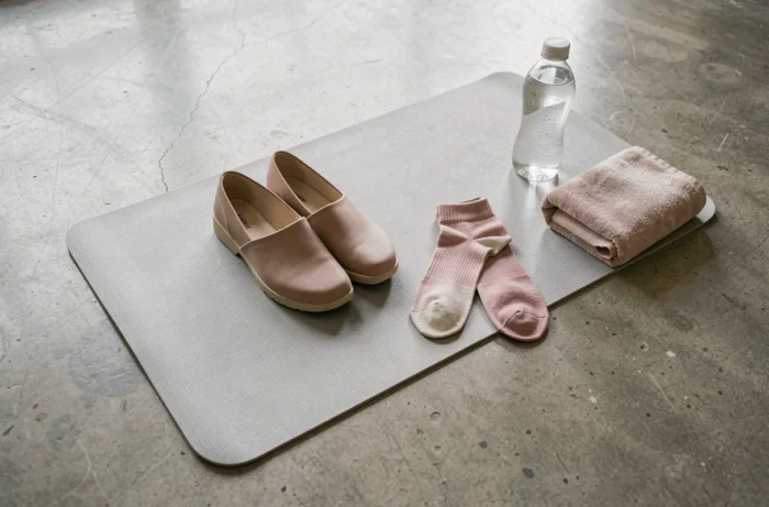 Chaussures de Pilates minimalistes et chaussettes à grip disposées sur un tapis de yoga gris avec accessoires de sport