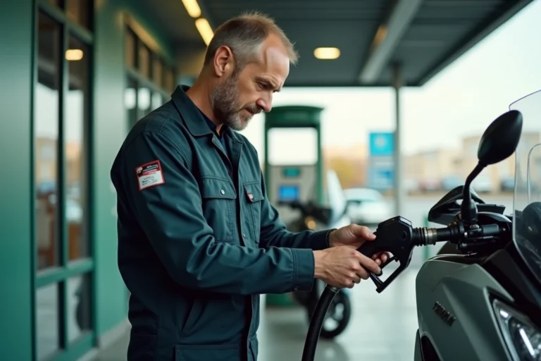 Mécanicien lisant l'étiquette d'une pompe à carburant avant de faire le plein d'un Yamaha TMAX 530