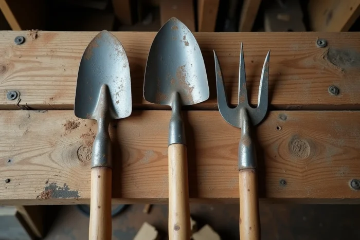 Comparaison de trois outils de jardinage : binette, houe et serfouette posés côte à côte sur un établi en bois