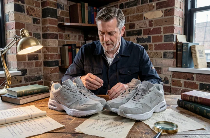 Homme comparant deux paires de sneakers côte à côte pour identifier une chaussure contrefaite à l'aide d'une loupe