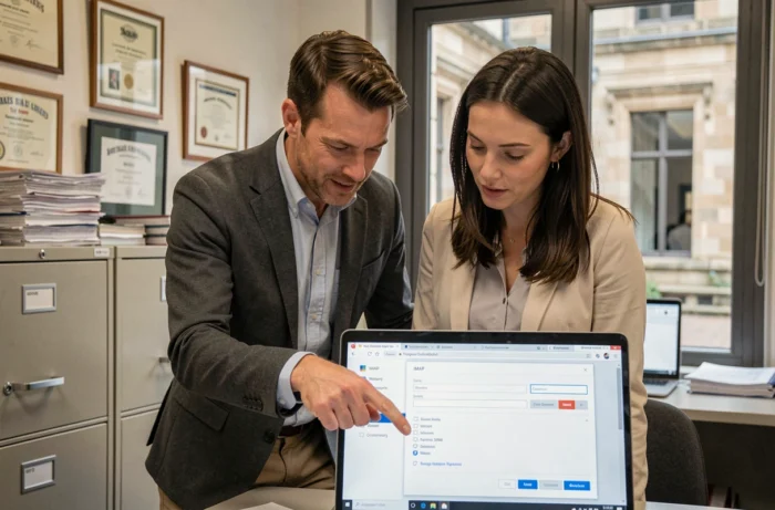 Deux collègues configurant ensemble la messagerie académique Versailles sur un ordinateur portable en bureau administratif