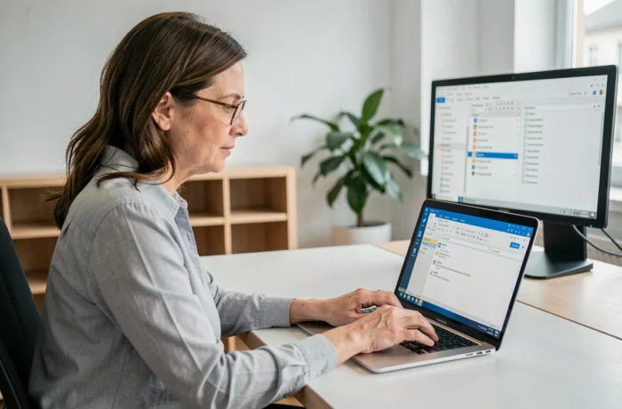 Femme professionnelle configurant sa messagerie Versailles sur Outlook dans un bureau moderne