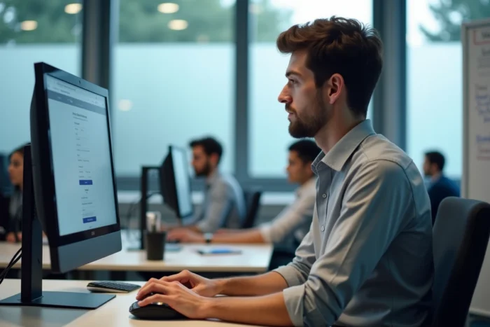 Enseignant paramétrant sa signature électronique professionnelle sur le webmail académique Aix Marseille dans une salle des professeurs