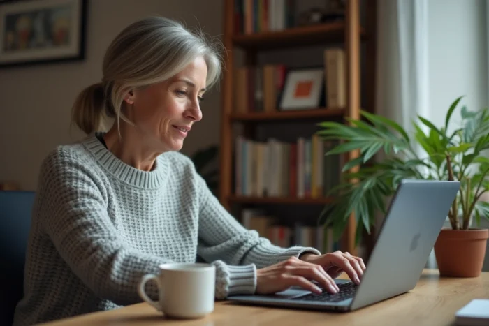 Femme connectée à sa boîte mail Wanadoo sur un ordinateur portable dans un bureau à domicile