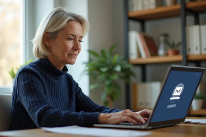 Femme utilisant un ordinateur portable pour se connecter à sa messagerie Dbmail Darty depuis son bureau à domicile