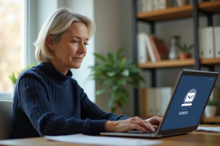 Femme utilisant un ordinateur portable pour se connecter à sa messagerie Dbmail Darty depuis son bureau à domicile