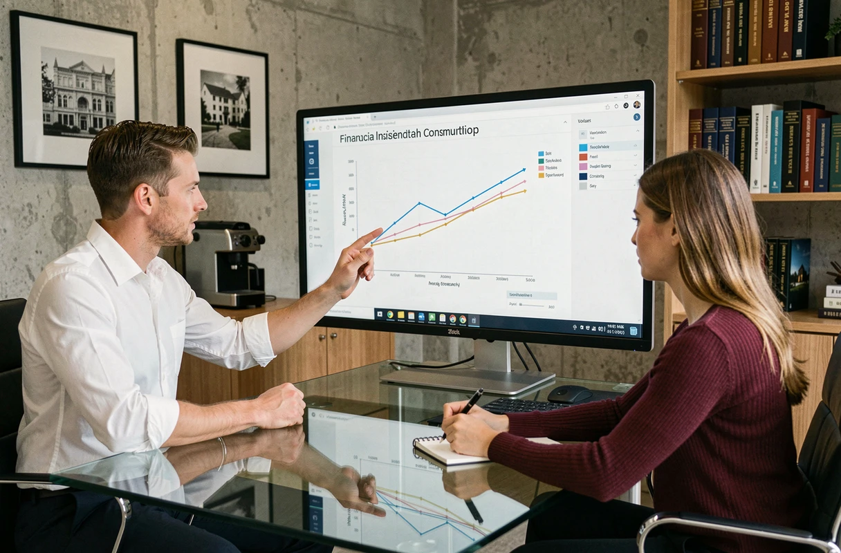 Conseiller financier présentant un graphique d'investissement immobilier à une cliente dans un bureau moderne