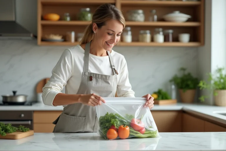 Femme utilisant une machine sous vide pour conserver des légumes frais dans sa cuisine moderne