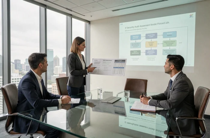 Consultante en sécurité informatique présentant un rapport d'audit à des dirigeants d'entreprise en salle de réunion