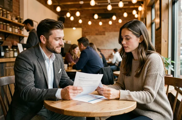 Deux jeunes entrepreneurs en consultation autour d'une proposition de services dans un café urbain chaleureux au design moderne