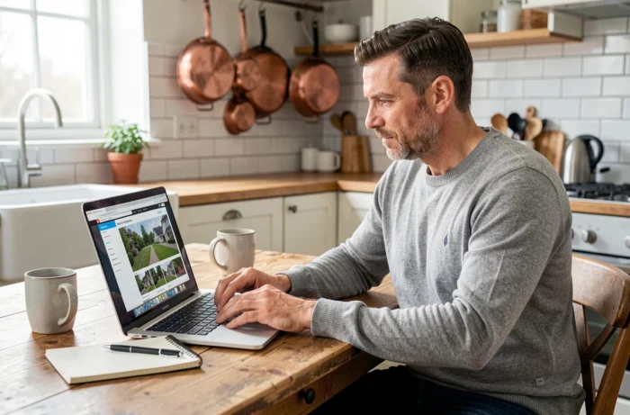 Homme consultant un site immobilier sur ordinateur portable dans une cuisine moderne