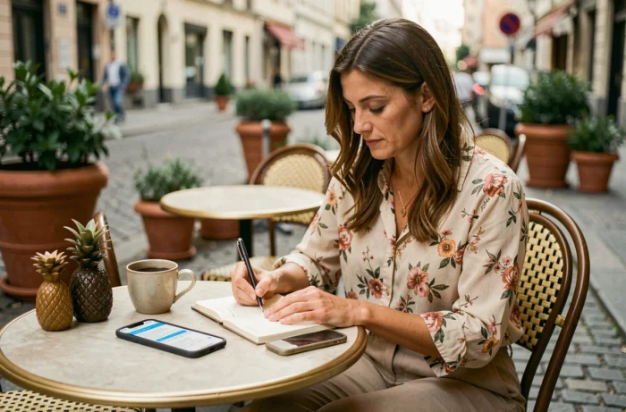 Femme en terrasse de café rédigeant un message de contact pour le studio de yoga Ananas Et Asanas
