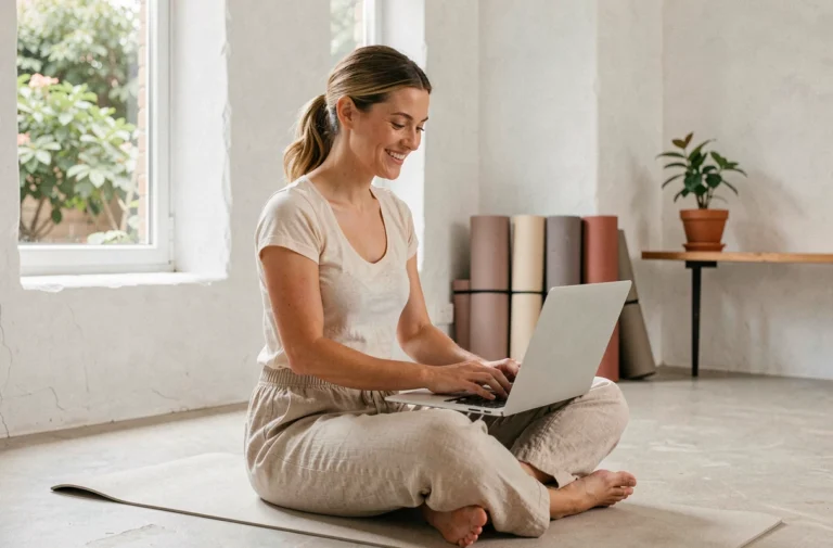 Femme pratiquante de yoga assise sur un tapis dans un studio calme, contactant Ananas Et Asanas par ordinateur portable