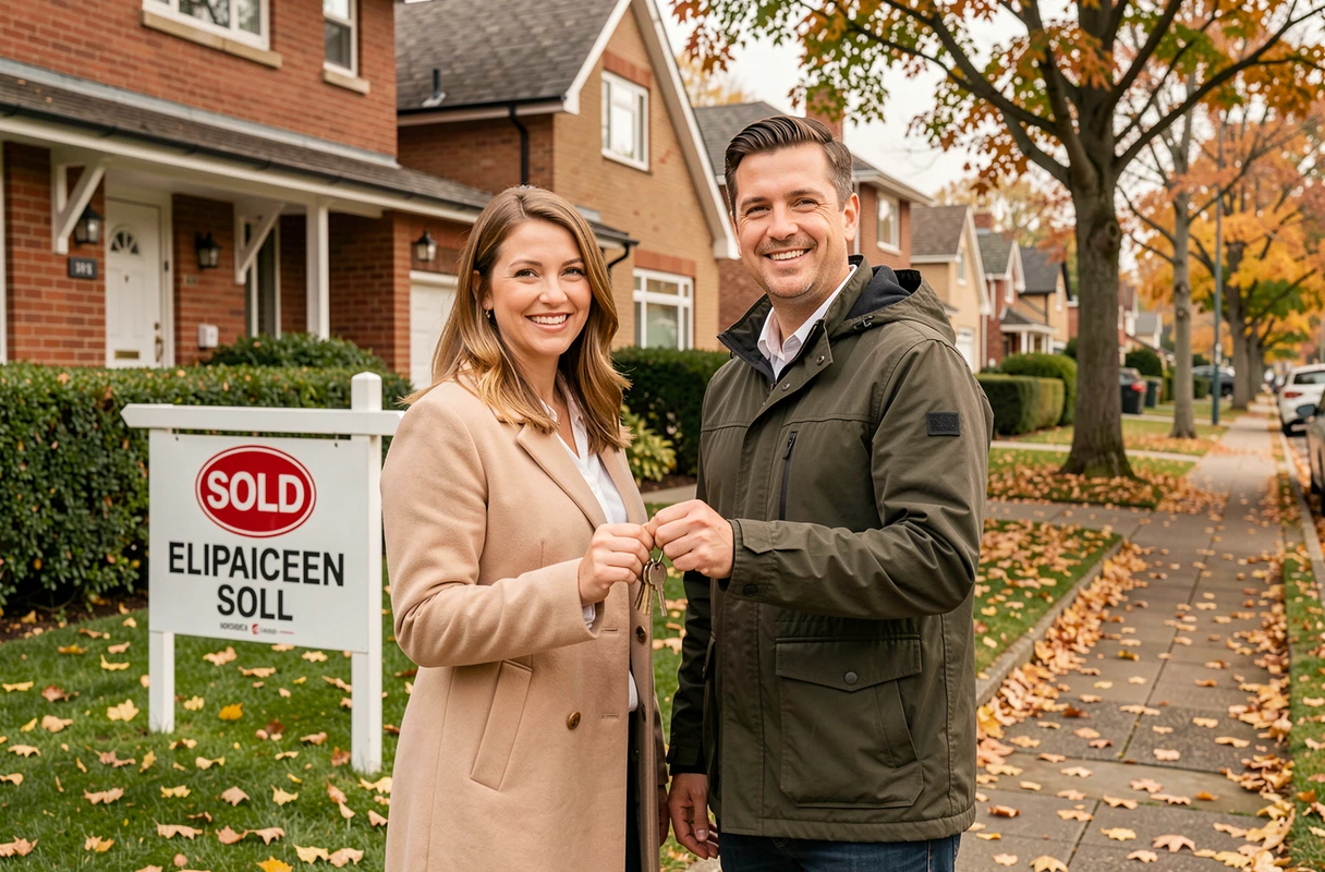 Couple heureux tenant les clés de leur nouvelle maison devant une propriété vendue en banlieue résidentielle