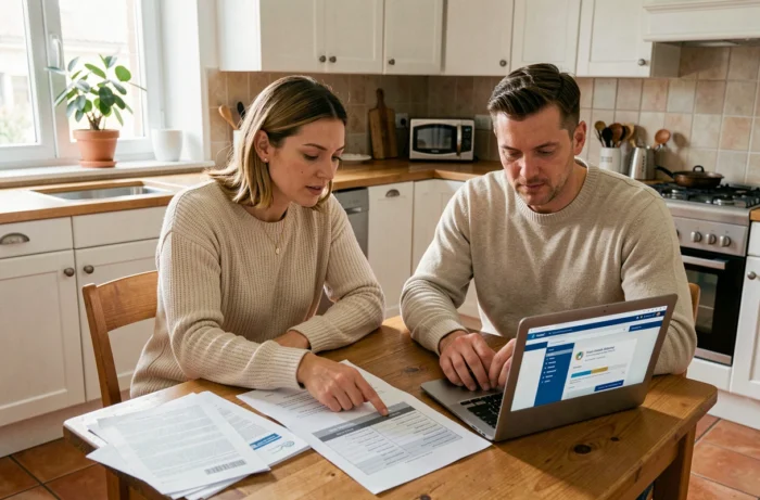 Un couple examine des documents de prêt immobilier à leur table de cuisine pour comparer les offres de crédit