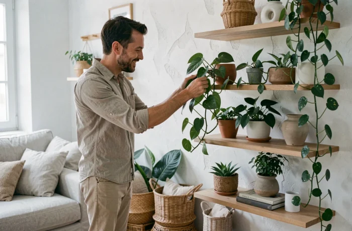 Couple décorant des étagères flottantes avec des plantes et objets dans un salon scandinave