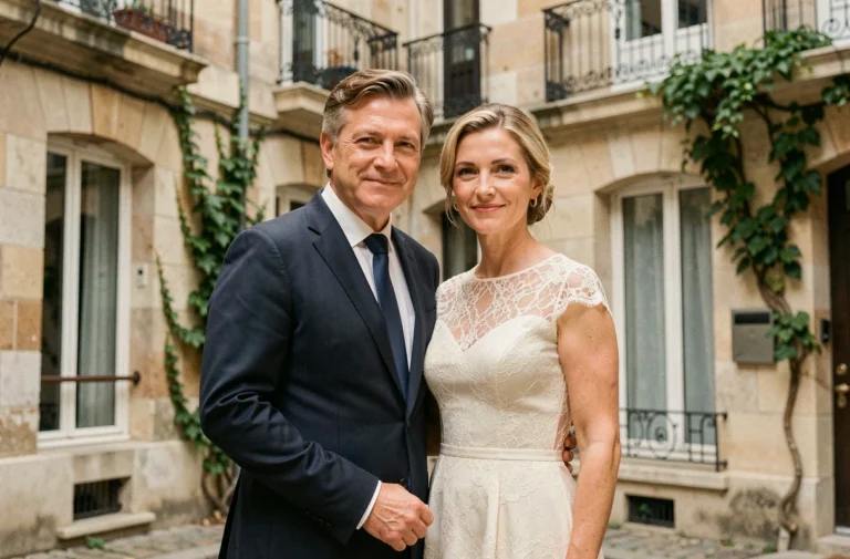 Couple élégant en tenue de mariage dans une cour parisienne en pierre, ambiance raffinée et intime