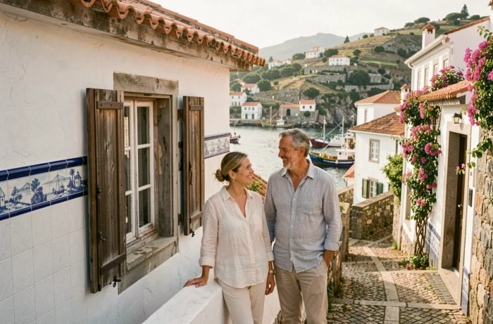 Couple d'investisseurs devant une maison de pêcheur typique au Portugal avec façade blanchie et azulejos bleus