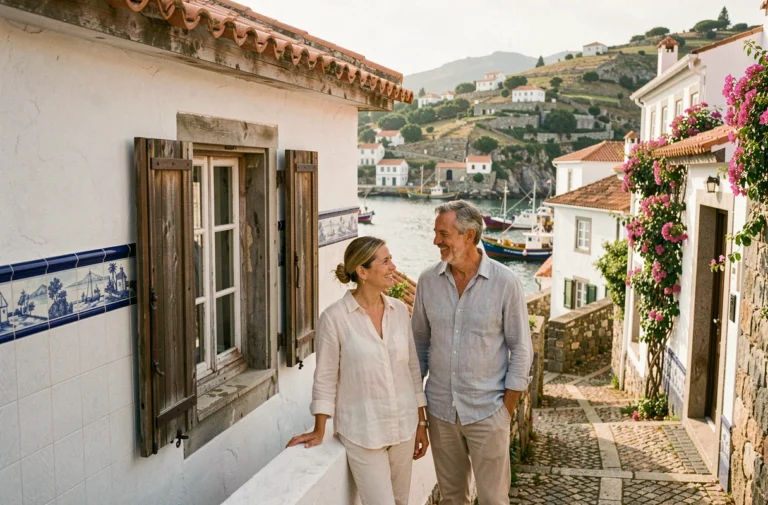 Couple d'investisseurs devant une maison de pêcheur typique au Portugal avec façade blanchie et azulejos bleus