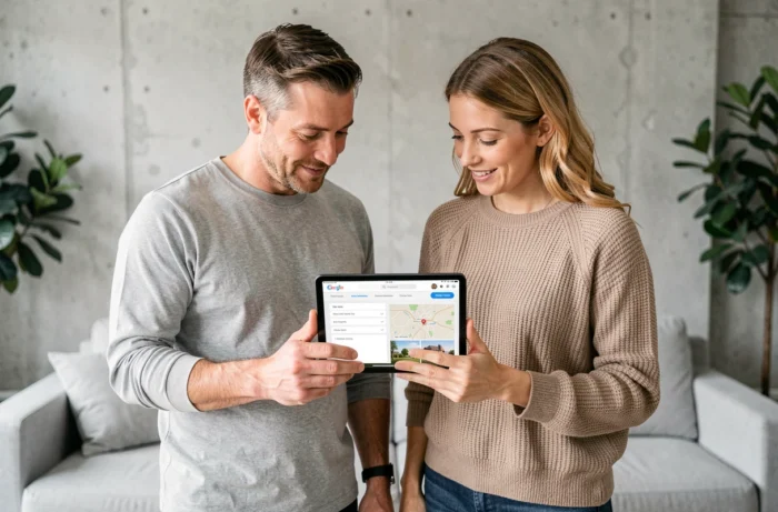 Couple examinant ensemble les filtres de recherche d'un site immobilier sur une tablette dans leur salon