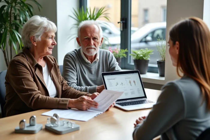 Couple de seniors en consultation avec une audioprothésiste examinant des modèles d'appareils auditifs et des résultats d'audiogramme