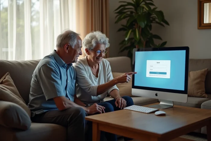 Couple de seniors utilisant un ordinateur pour accéder à la messagerie Dbmail Darty ensemble dans leur salon
