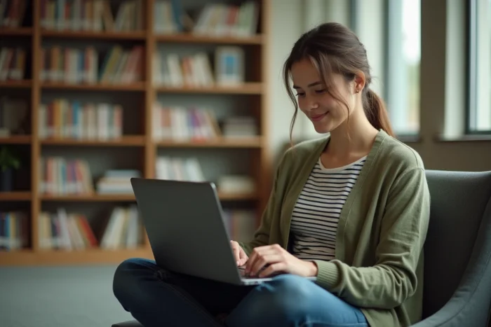 Jeune professeure finalisant sa signature professionnelle sur la messagerie académique Aix Marseille depuis la bibliothèque universitaire
