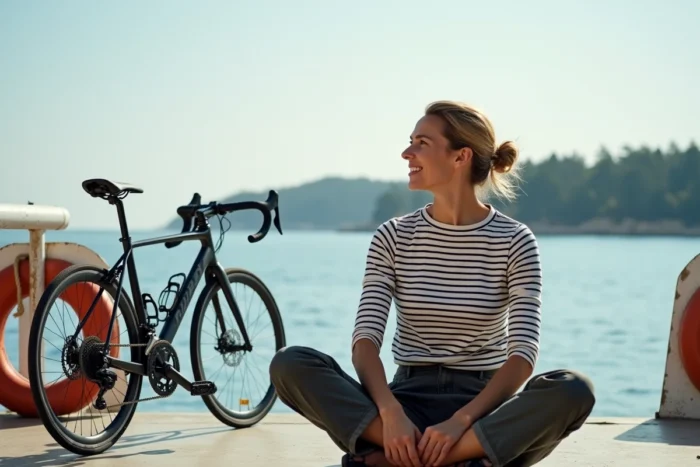 Cycliste assise sur le pont du bateau avec son vélo attaché en route vers l'île de Porquerolles