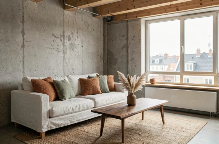Coin salon scandinave avec canapé en lin blanc, coussins terracotta et vert sauge, tapis en jute et vase en céramique avec herbes de la pampa séchées