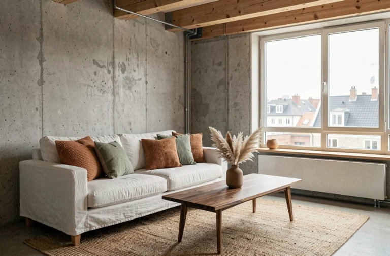 Coin salon scandinave avec canapé en lin blanc, coussins terracotta et vert sauge, tapis en jute et vase en céramique avec herbes de la pampa séchées